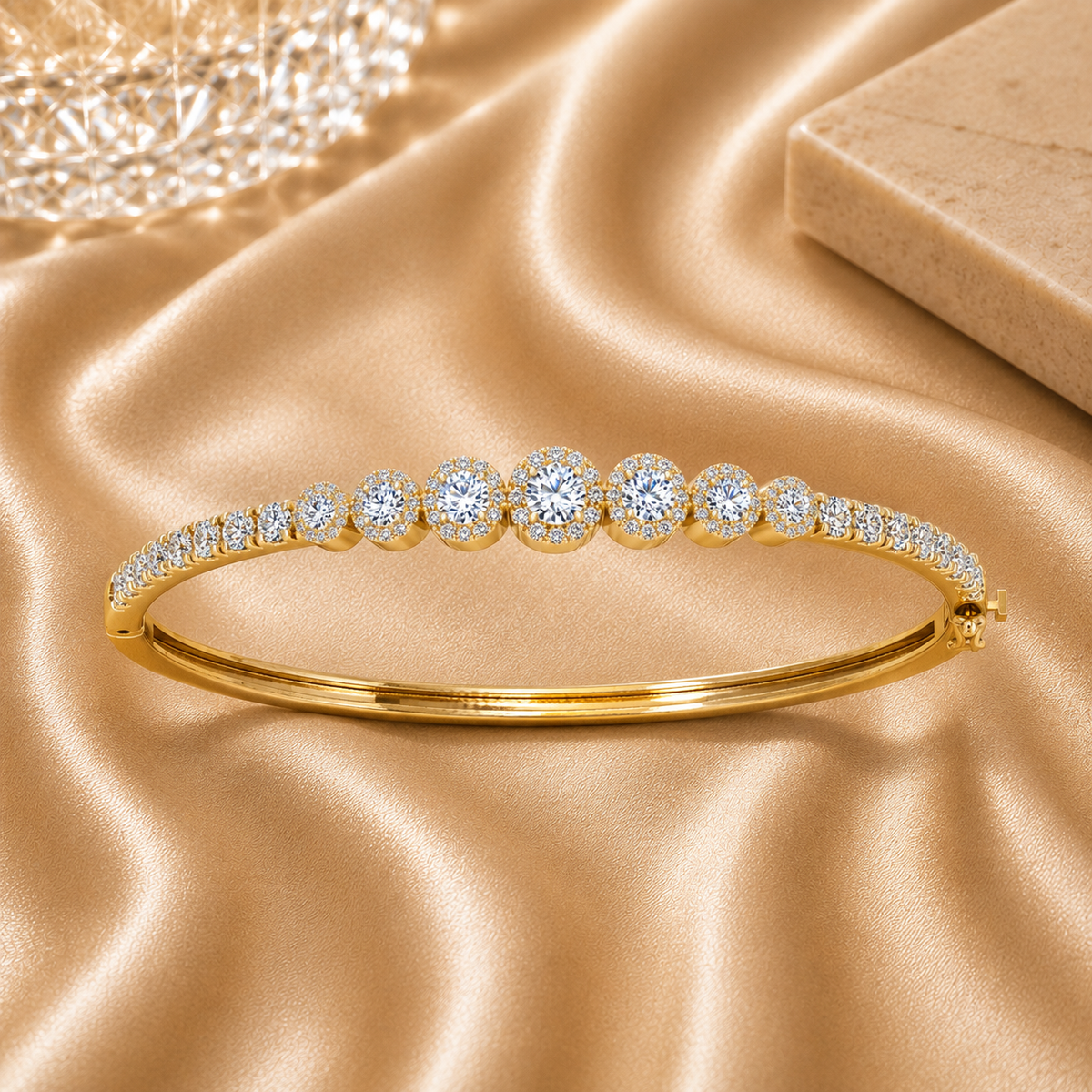 1.30 Ct Micro Pave Set Halo Natural Round Diamond Bangles In 18kt Gold For Women