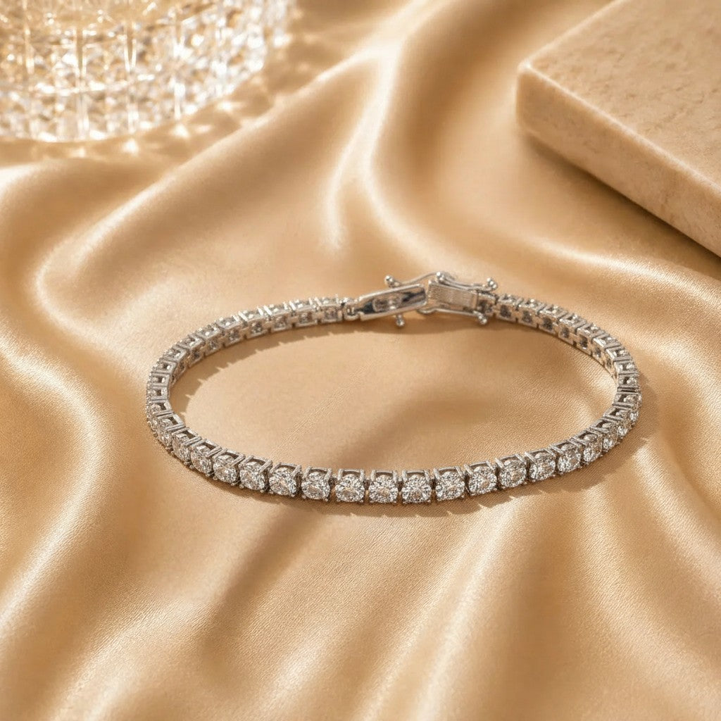 Evening Bracelet ! Natural Round Diamond Illusion Set Tennis Bracelet Hallmarked In White Gold