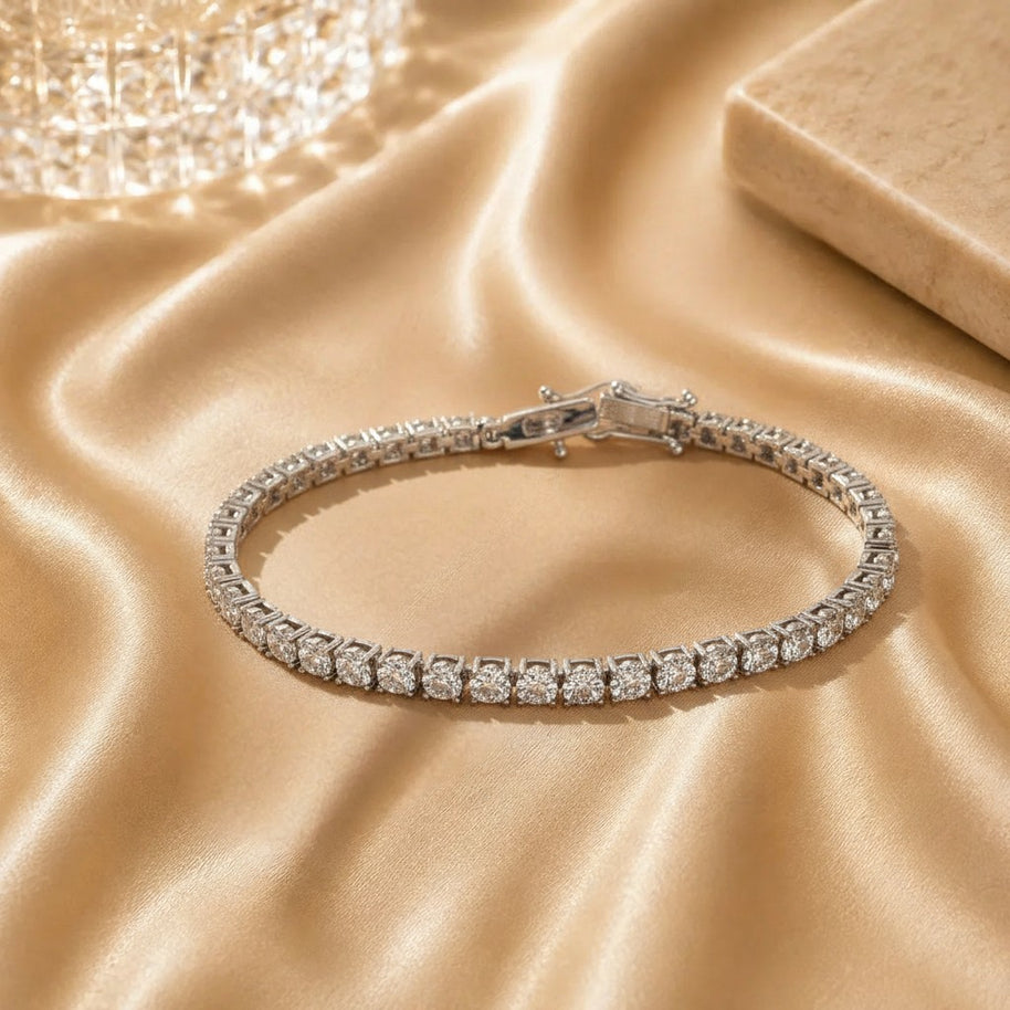 Evening Bracelet ! Natural Round Diamond Illusion Set Tennis Bracelet Hallmarked In White Gold