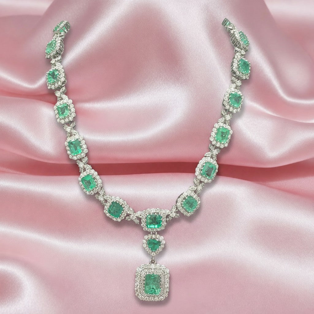 Exclusive 87.62ct Colombian Emerald And Diamond Designer Necklace In 106gm White Gold