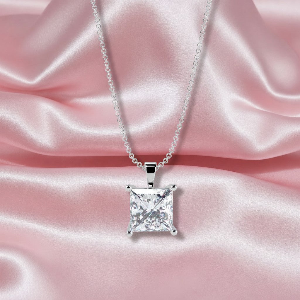 1.65ct Princess Solitaire Diamond Pendant With Chain In 18k White Gold