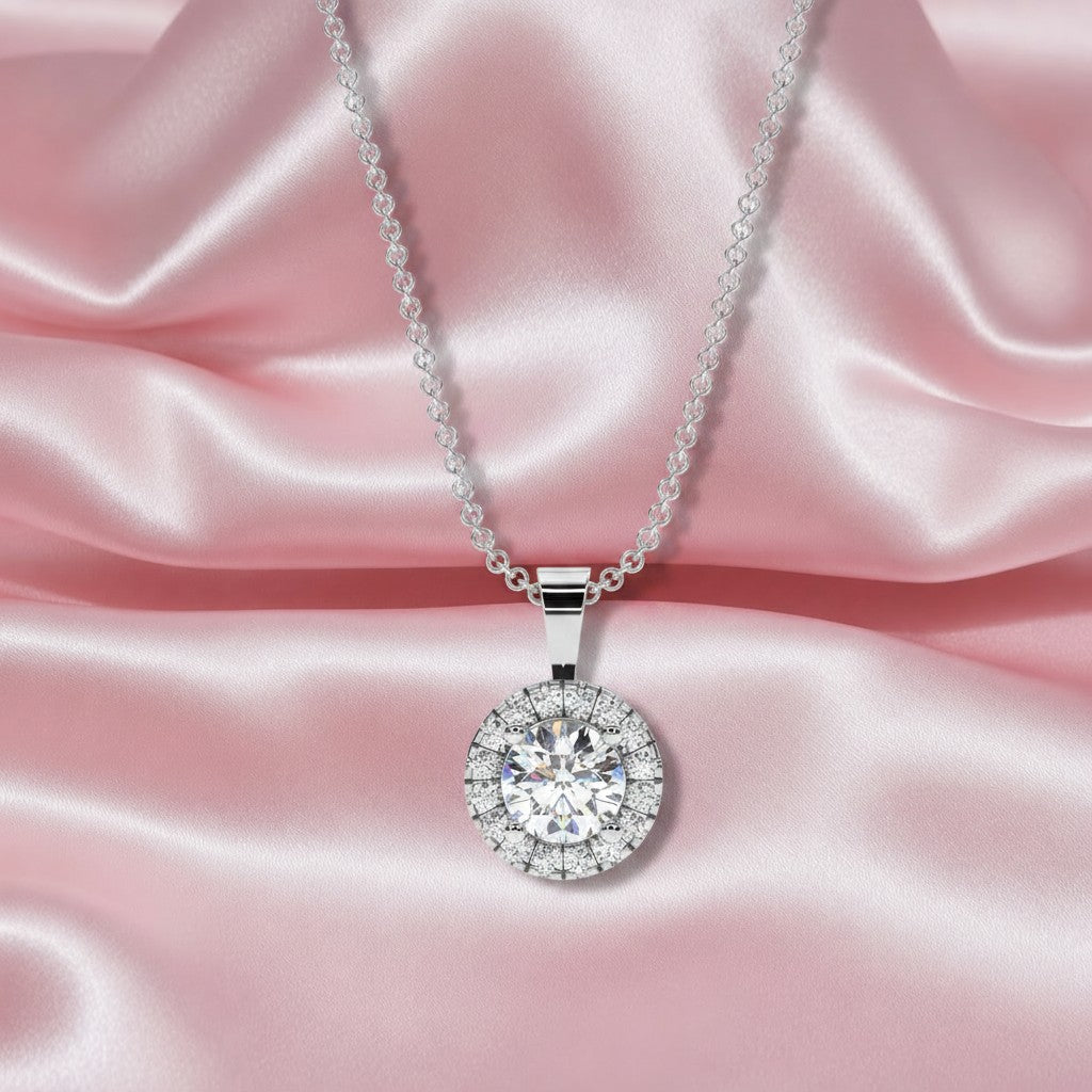 1.00 Ct Round Diamond Halo Pendant With Chain, Hallmark 18k White Gold