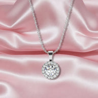 1.00 Ct Round Diamond Halo Pendant With Chain, Hallmark 18k White Gold