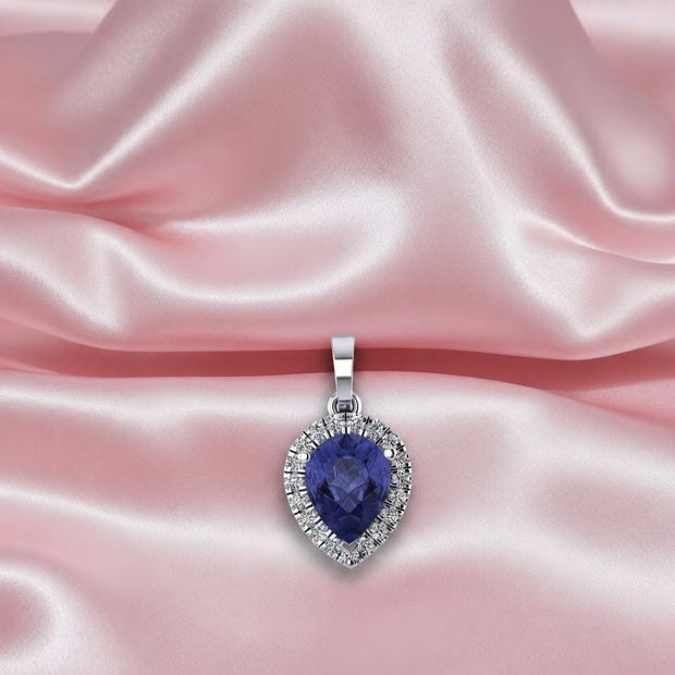 Aaa 2ct Tanzanite Pear & Diamond Halo Pendant In 18k Gold Comes With Chain