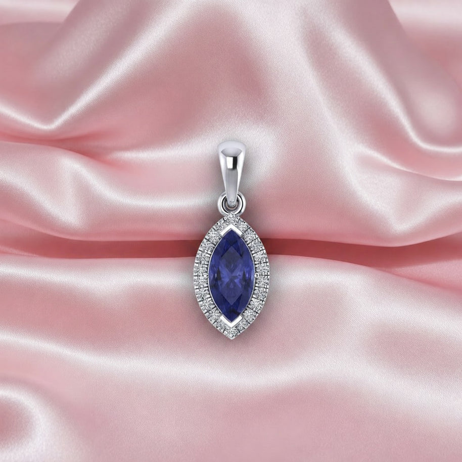 Aaa 1.50 Ct Marquise Tanzanite & Diamond Halo Pendant In 18k Gold