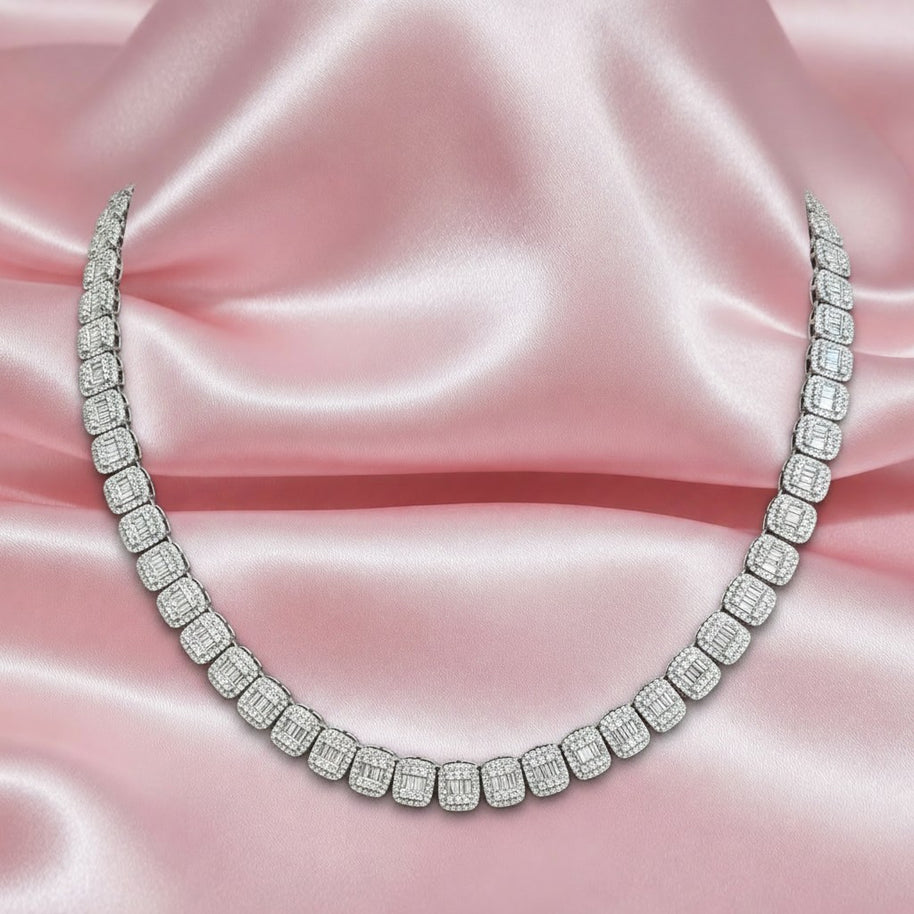 Baguette And Round Diamond Designer Necklace For Womens In 9k White Gold F/vs 18.00 Carat