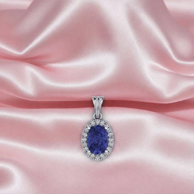 1.75 Carat Aaa Oval Tanzanite & Diamond Women's Halo Pendant In 18k White Gold