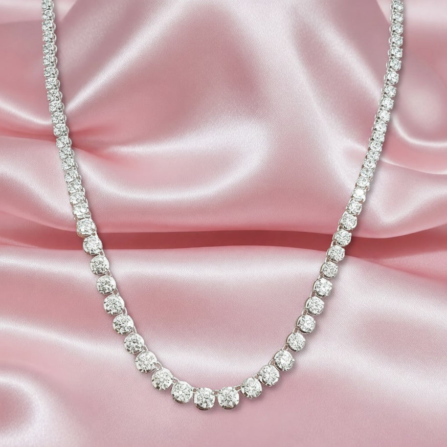 18k White Gold Natural Round Diamond Tennis Necklace For Her - 15.00 Carat