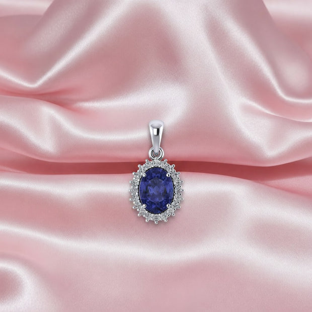 Aaa 1.70 Ct Oval Tanzanite & 0.30 Ct Diamond Halo Pendant, Hallmarked 18k Gold