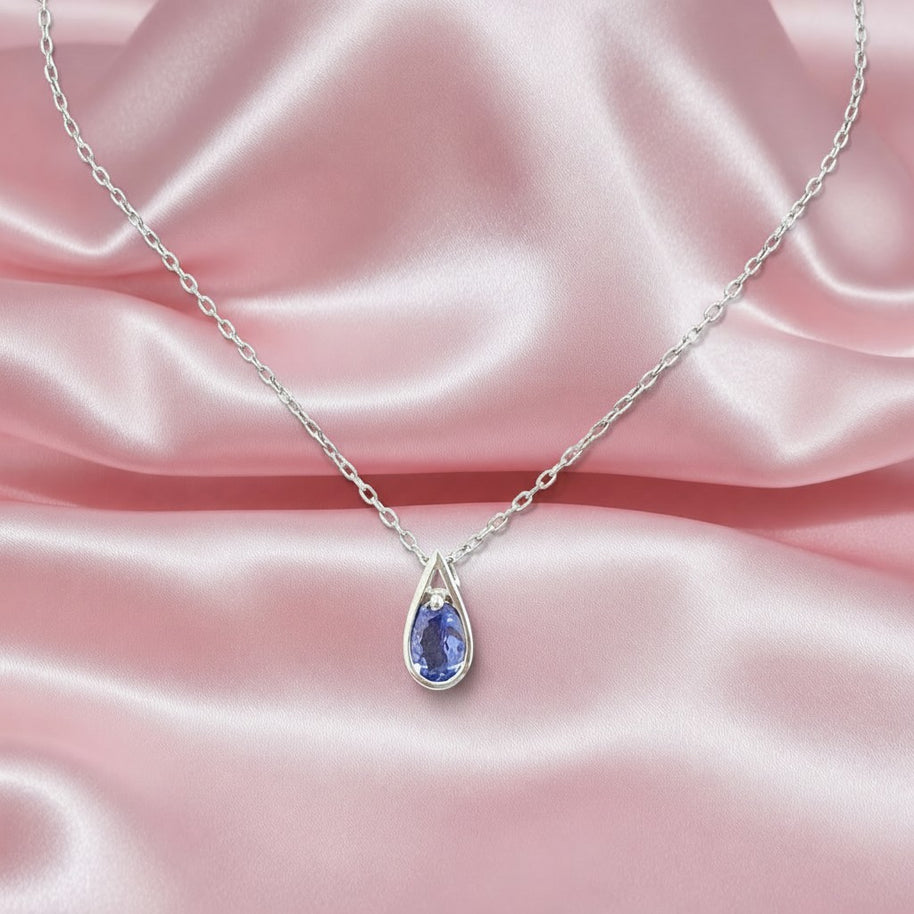 100% Natural 1.00ct Pear Tanzanite Solitaire Pendant With Chain, White Gold