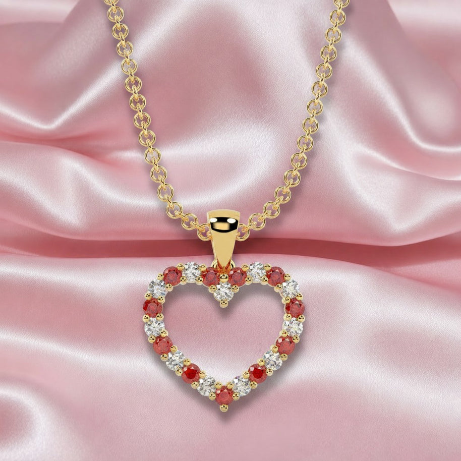 Gift For Her..! Round Ruby And Diamond Heart Pendant In Yellow Gold With Chain