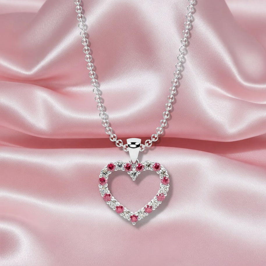 Round Ruby And Diamond Heart Pendant, 9k White Gold With Chain