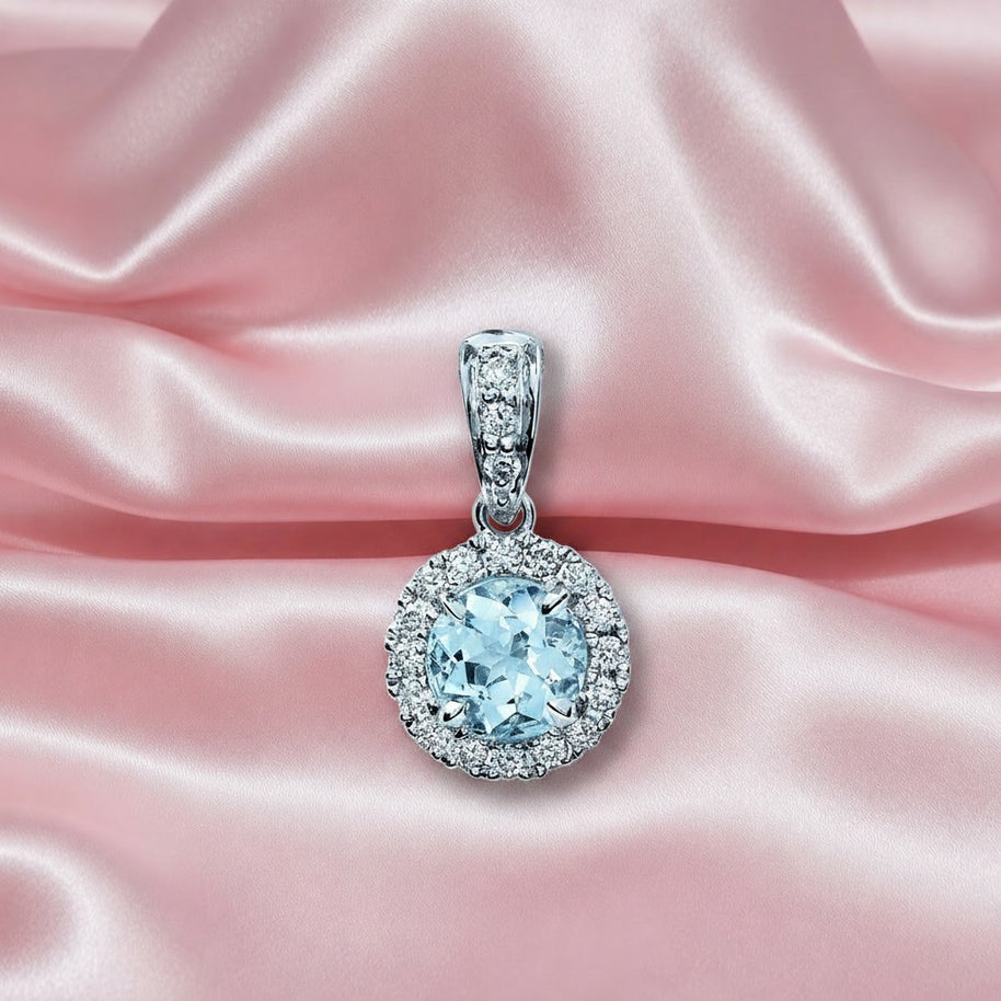 100% Natural Aquamarine And Diamond Halopendant With Chain, Heavy White Gold