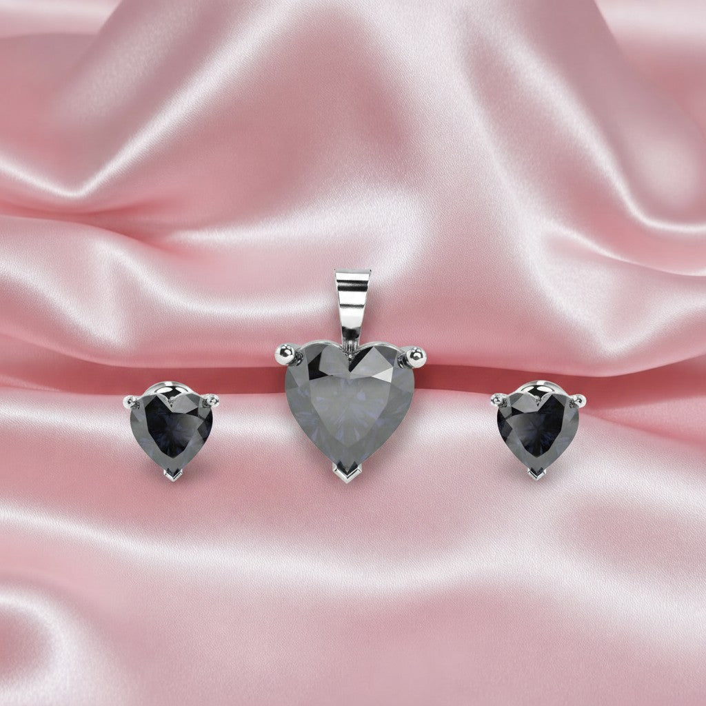 7.50 Carat Classic Heart Shape Blackish Blue Pendant & Earring Set For Women