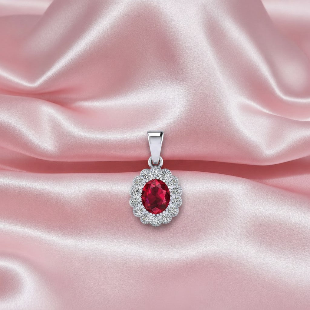Oval Sapphire, Ruby, Emerald & Diamond Halo Pendant In Heavy Platinum