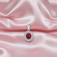 Oval Sapphire, Ruby, Emerald & Diamond Halo Pendant In Heavy Platinum