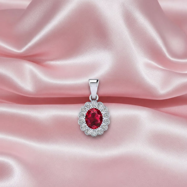 Oval Sapphire, Ruby, Emerald & Diamond Halo Pendant In Heavy Platinum
