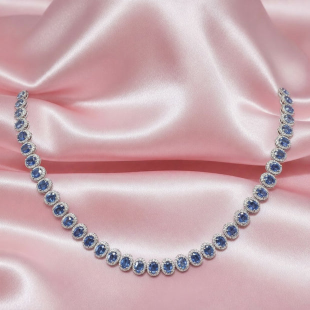 46.06 Carat100% Natural Sapphire And Round Diamond Halo Nacklece In Hallmarked 18k White Gold