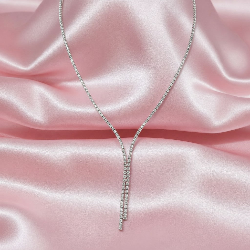 Vs Quality Natural Round Diamond Line Necklace For Women, 18k White Gold