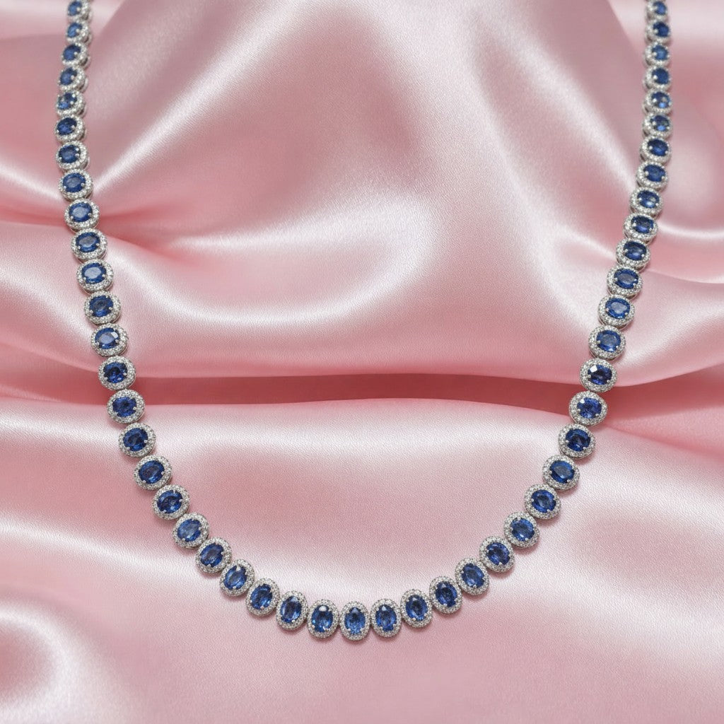100% Natural 46.06 Ct Sapphire & Diamond Halo Necklace, Hallmark 18k White Gold