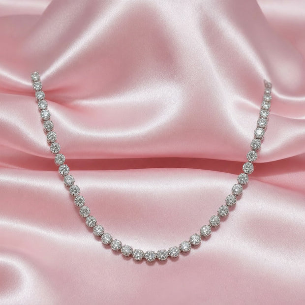 28.00 Ct Round Diamond Tennis Necklace, Hallmarked 18k White Gold (0.37 Ct Each)