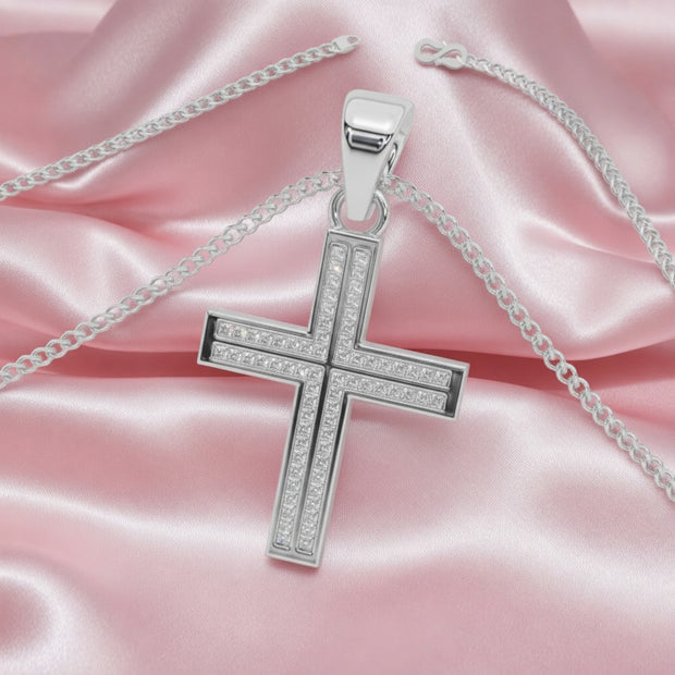 Last Piece F/vs 0.50 Carat Princess Diamond Cross Pendant With Chain, White Gold
