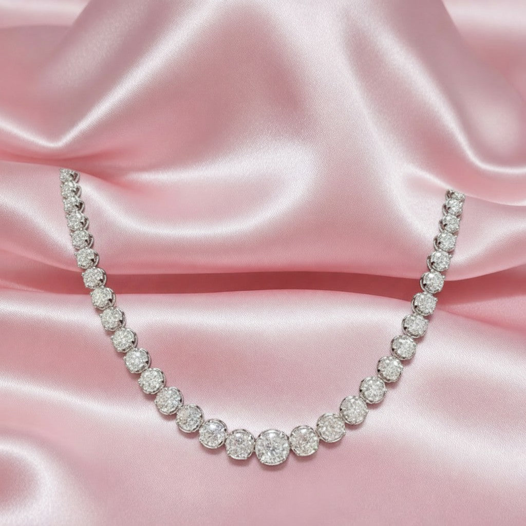 30.00 Ct Natural Round Diamond Graduated Tennis Necklace Hallmarked In 18k White Gold