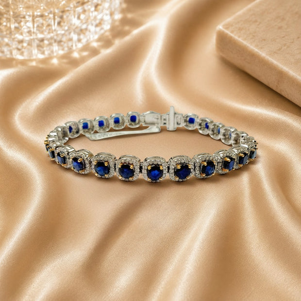 100% Natural 9.48ct Sapphire And Diamond Halo Bracelet In White Gold