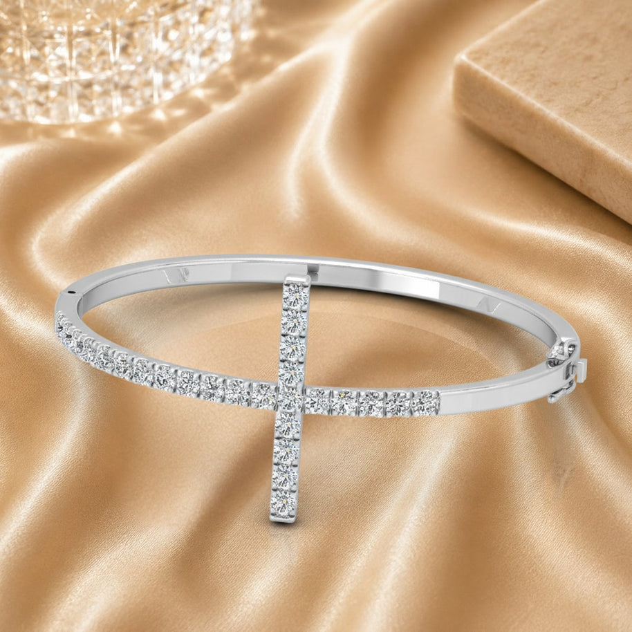 0.70 Ct Micro Pave Set Cross Natural Round Diamond Bangles In 18k Gold
