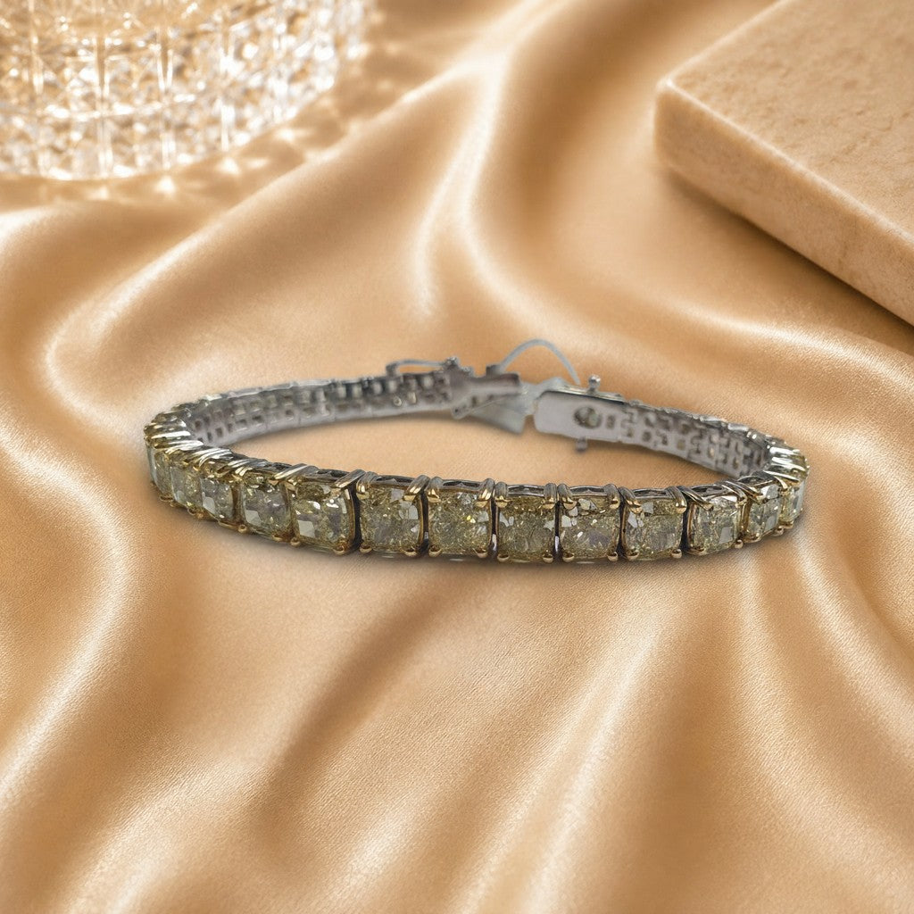 Wgi Certified 28.54 Carat Fancy Intense Yellow Cushion Diamond Tennis Bracelet In 18k Gold