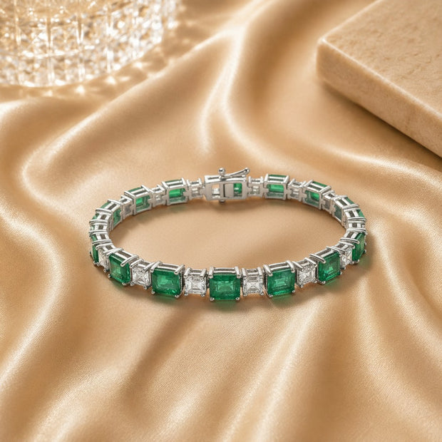Natural F-g/vs 14.00 Ct Green Emerald And Asscher Cut Diamond Tennis Bracelet In 18k White Gold