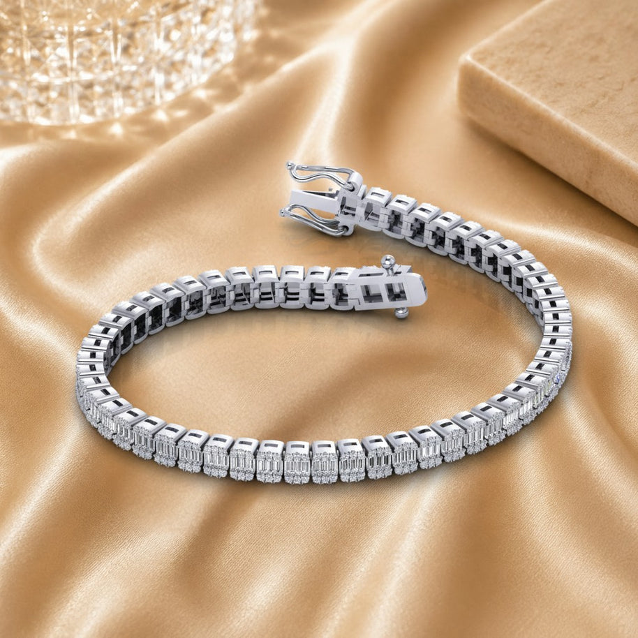 8.00ct D-e/vs Natural Round & Baguette Diamond Designer Tennis Bracelet In Uk Hallmarked 9k Gold - 20grams