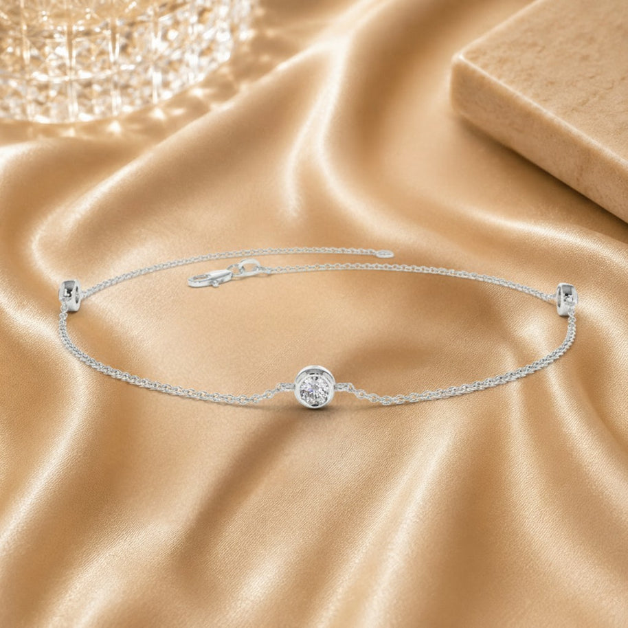 F/vs 0.40 Ct 3 Natural Round Diamond Bezel Set Chain Bracelet For Women, 18k White Gold